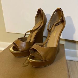 Like New Brown Wedges with Gold Toe Detail